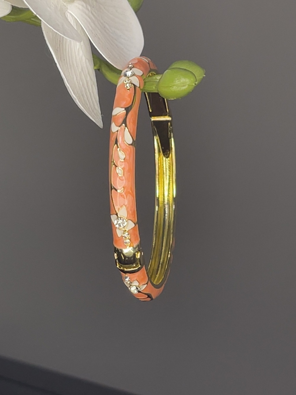 Gold-Tone Orange Enamel Hoop Earrings with Crystal Accents
